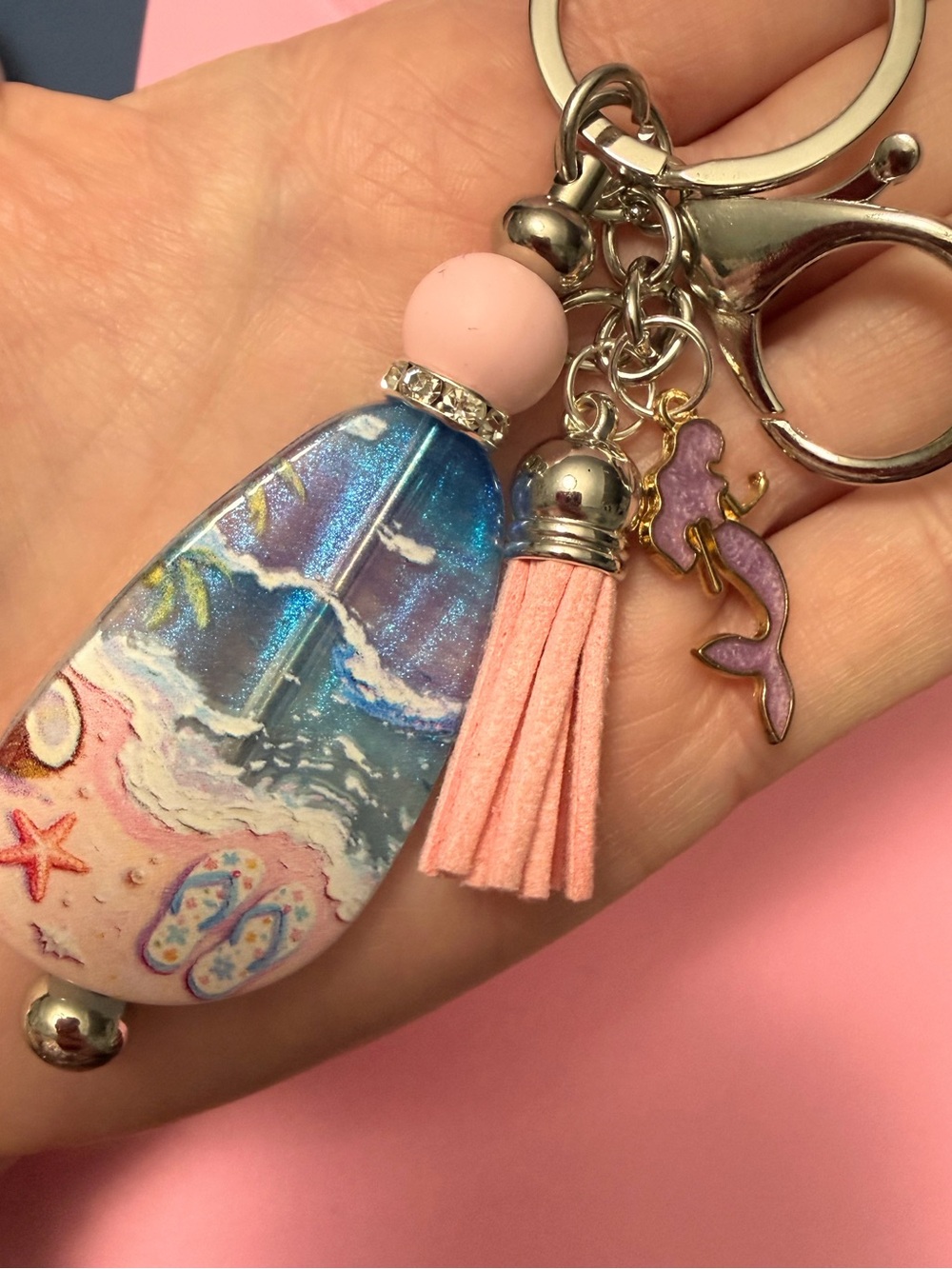 New Beach Scene Keychain with Pink Tassel and Mermaid Charm